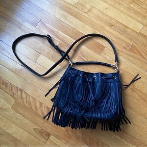 Black Vegan Leather Fringe Crossbody Bag